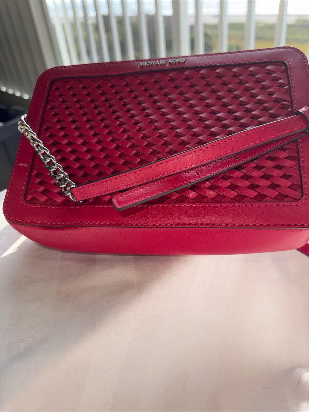 NWT -Michael Kors Woven Leather Crossbody in Dark Raspberry with Adj Chain Strap